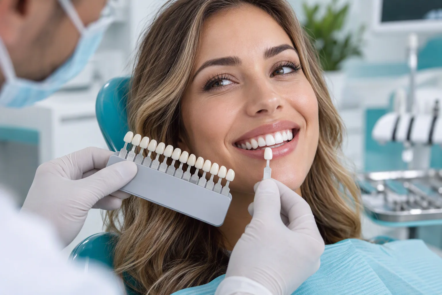 Veneer shade guide held beside a patient’s smile at TrueNorth Dental in Kansas City