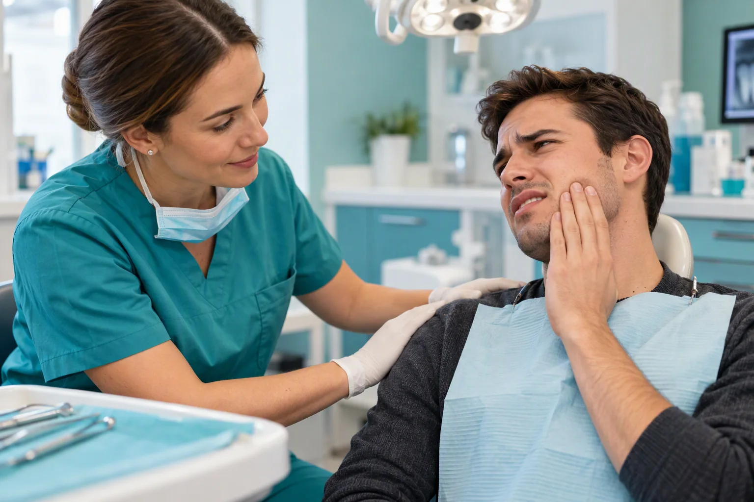 Dentist comforting a patient with jaw pain at TrueNorth Dental in Kansas City