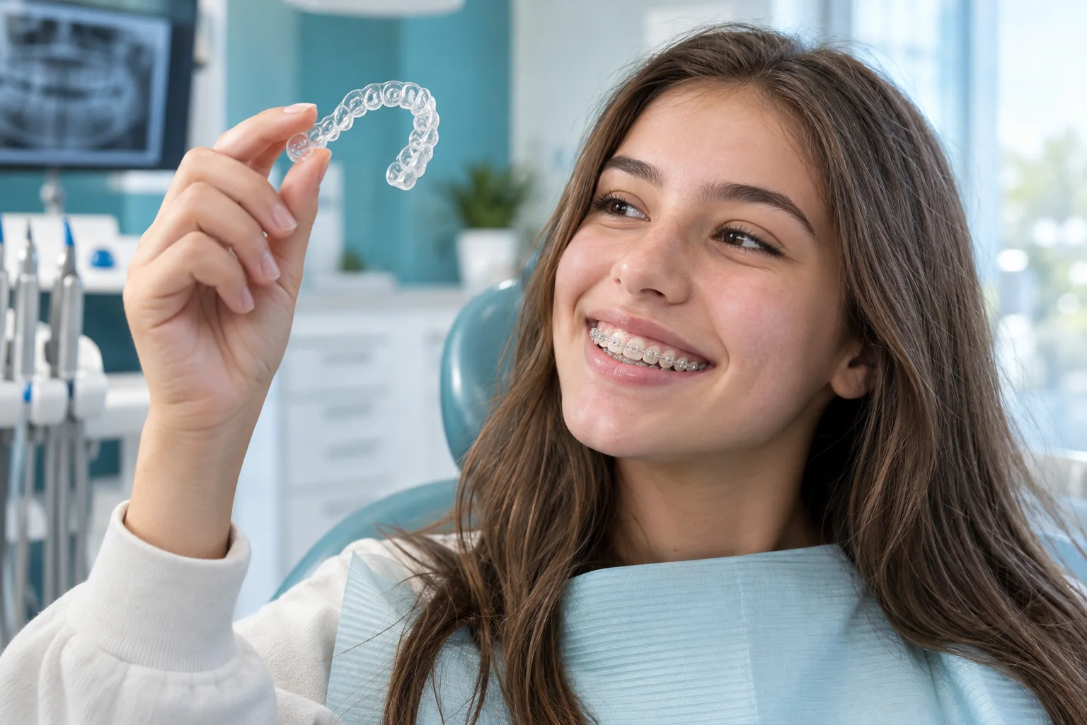 Teen holding a clear aligner at TrueNorth Dental in Kansas City