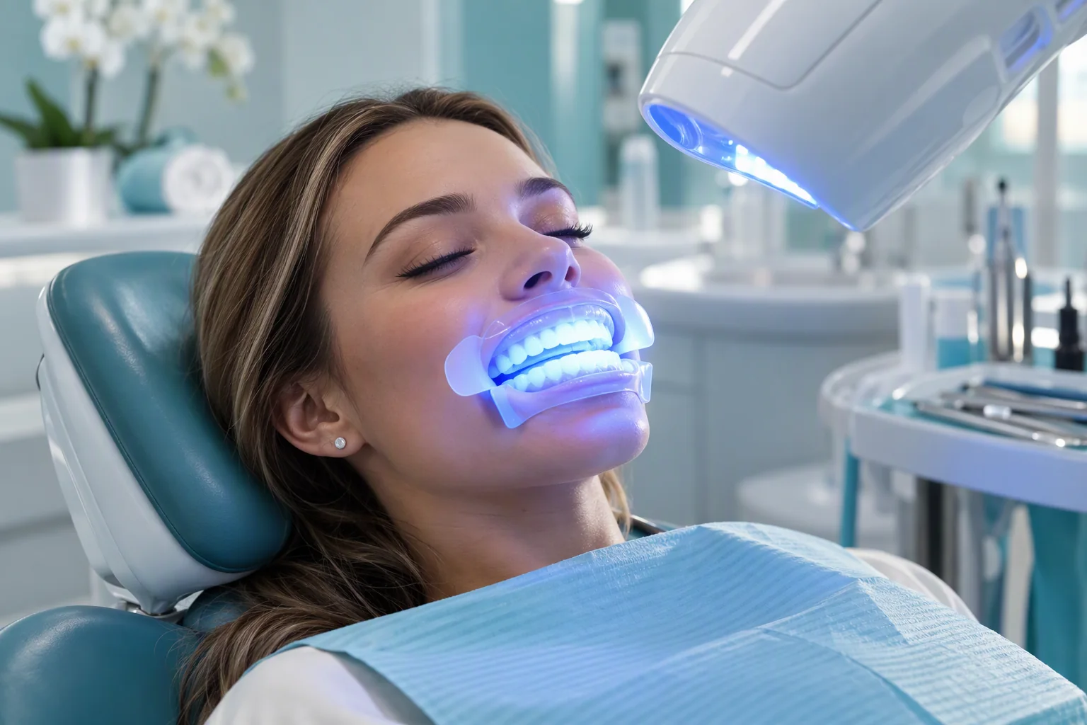 Patient under whitening LED trays at TrueNorth Dental in Kansas City
